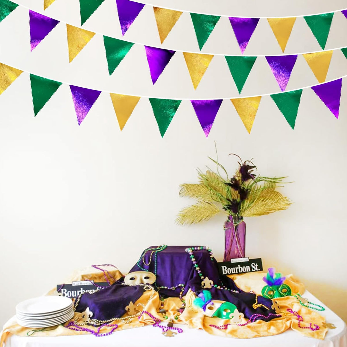 Mardi Gras Party Decorations Purple Green and Gold Metallic Fabric Triangle Pennant Banner Flag