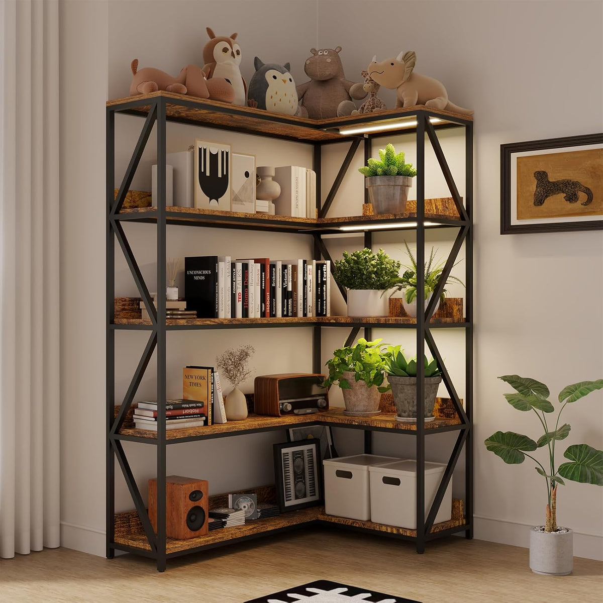 Large Farmhouse Style 5 Tiers Corner Bookshelf with Grow Light, Extra Wide Plant Stand & Bookcase