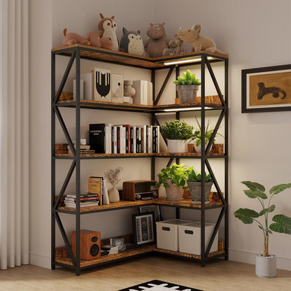 Large Farmhouse Style 5 Tiers Corner Bookshelf with Grow Light, Extra Wide Plant Stand & Bookcase