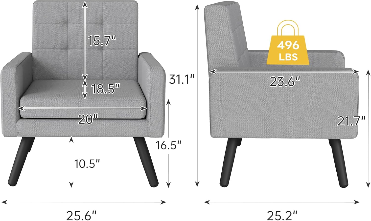 Kromax Mid-Century Modern Accent Chair for Living Room, 496 Lb. Weight Capacity, Dual Armrests
