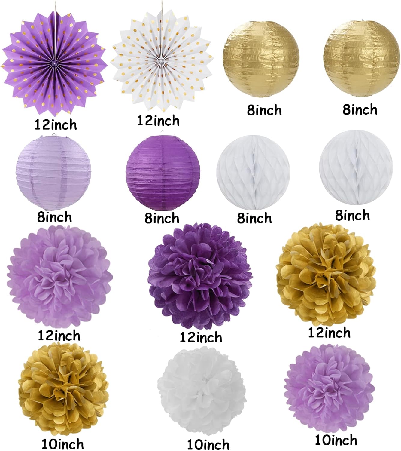 Purple-Gold Party Decorations Streamers Lanterns - 14pcs White Lavender Paper Fan Graduation Woman