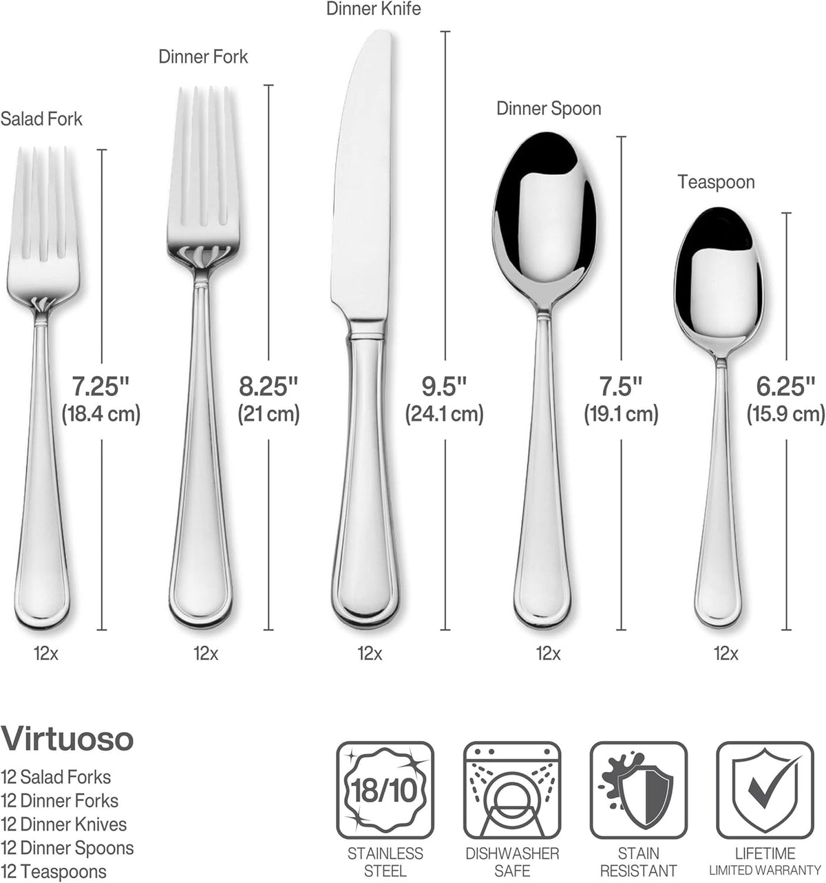 Mikasa, Virtuoso Flatware Service for 12, 65 Piece Set, 18/10 Stainless Steel, Silverware Set with