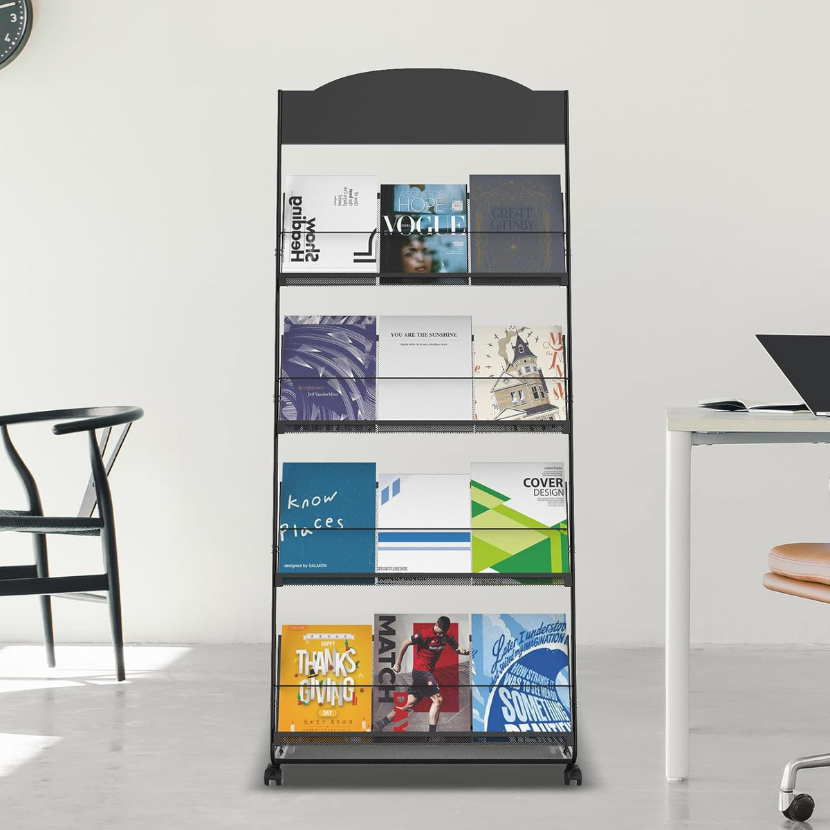 Floor-Standing Magazine Rack 4-Layer with Wheels, Semi-arched top Brochure Display Stand