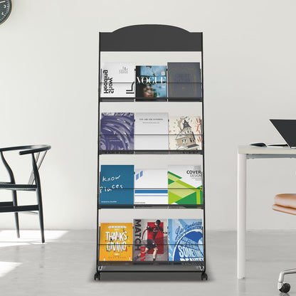 Floor-Standing Magazine Rack 4-Layer with Wheels, Semi-arched top Brochure Display Stand
