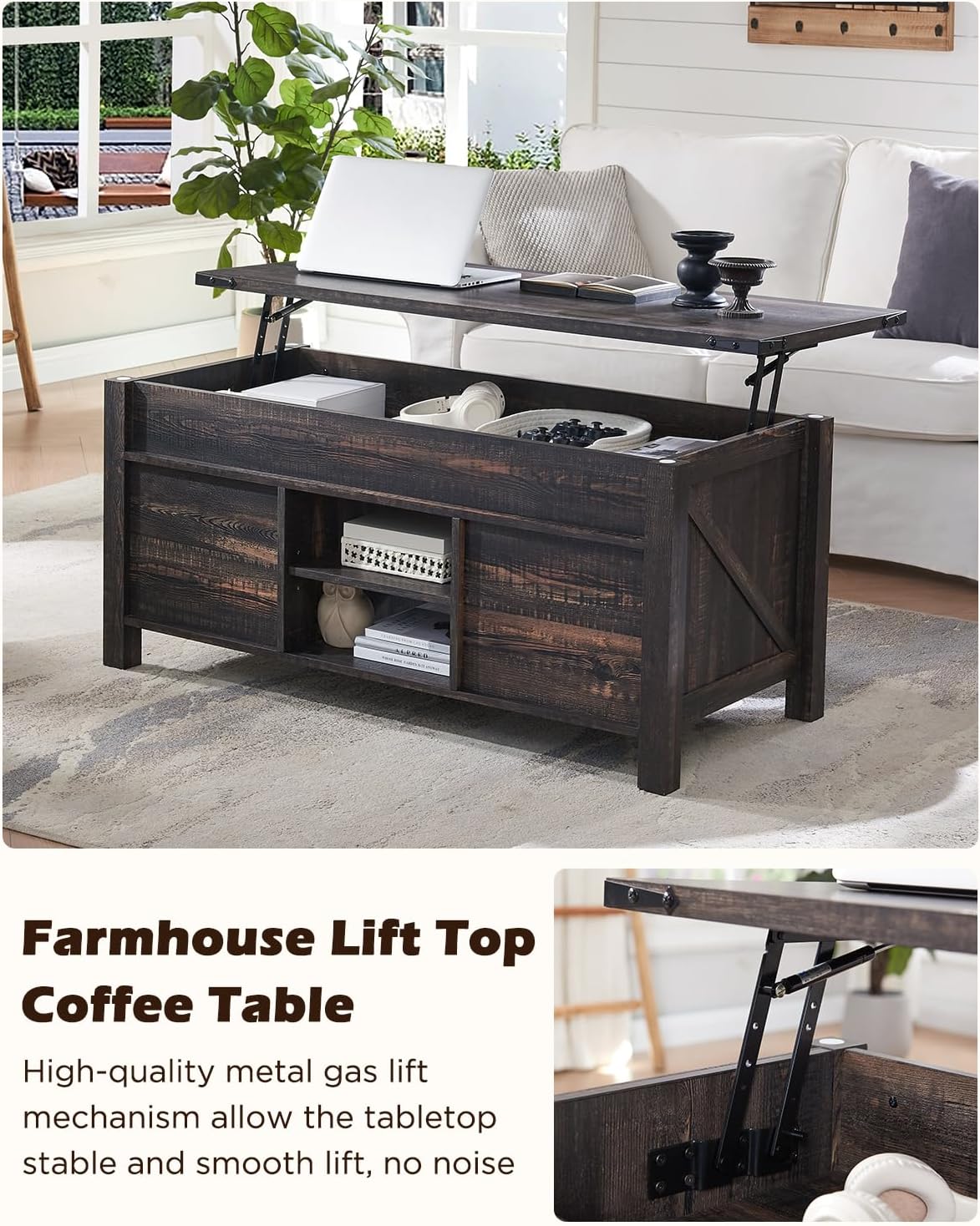 OKD 48" Farmhouse Lift Top Coffee Table with Sliding Barn Door,Rustic Center Table with Hidden