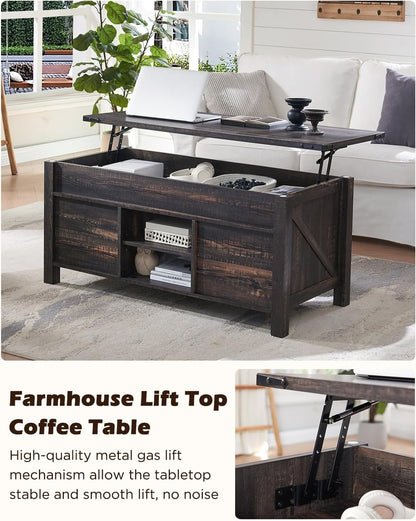 OKD 48" Farmhouse Lift Top Coffee Table with Sliding Barn Door,Rustic Center Table with Hidden