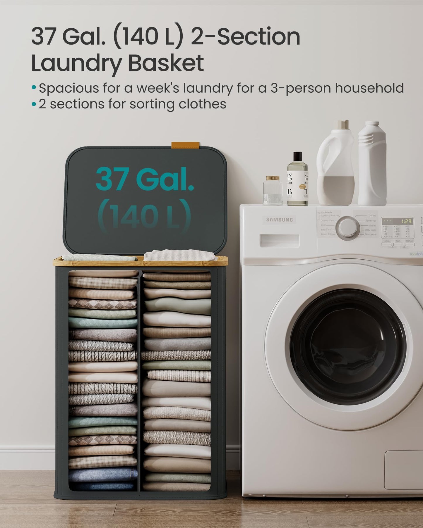 SONGMICS Laundry Hamper, Laundry Basket with Lid, Foldable Storage Basket, Bamboo Frame, for