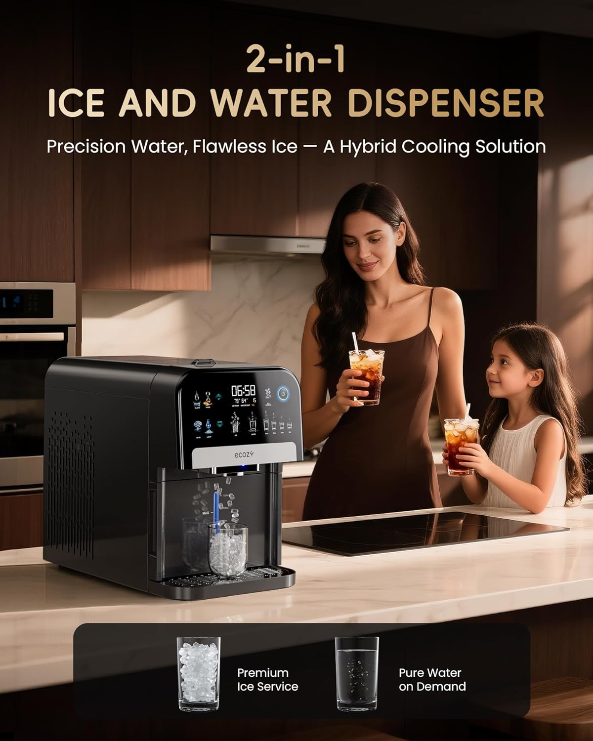 ecozy Nugget Ice Maker Dispenser, Smart 2-in-1 Pebble Ice Machine Countertop & Water Dispenser with