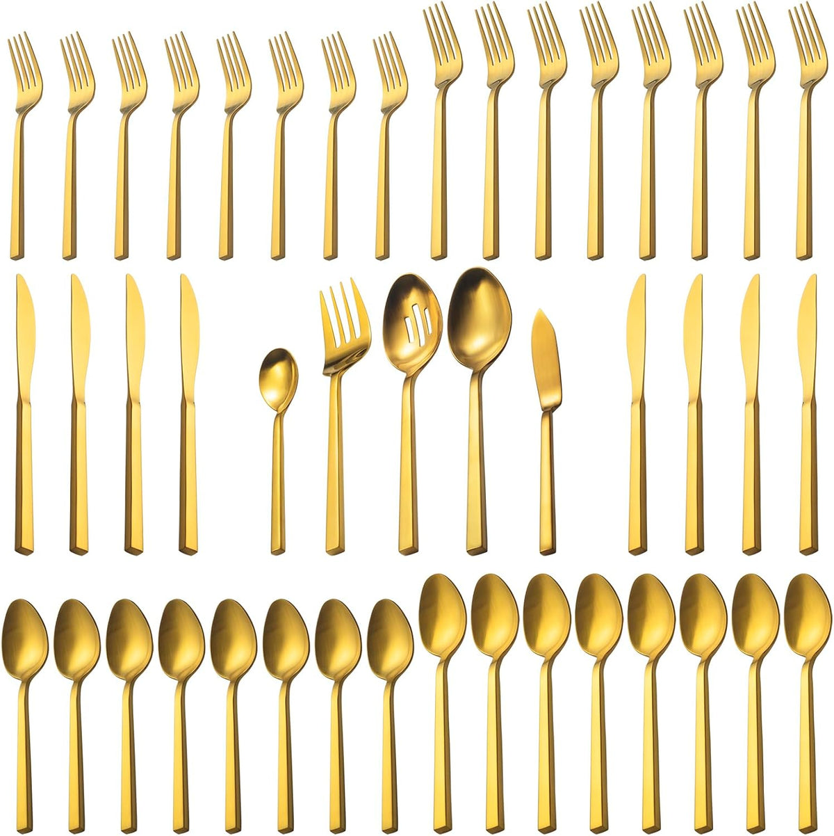 Alata Cube Gold 45-Piece Flatware Set, Forged Cutlery Set, Matte Gold Silverware Service for 8