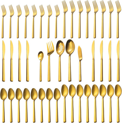 Alata Cube Gold 45-Piece Flatware Set, Forged Cutlery Set, Matte Gold Silverware Service for 8