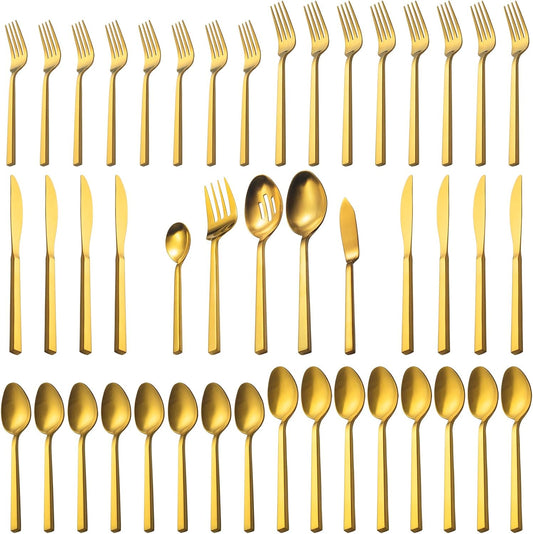 Alata Cube Gold 45-Piece Flatware Set, Forged Cutlery Set, Matte Gold Silverware Service for 8