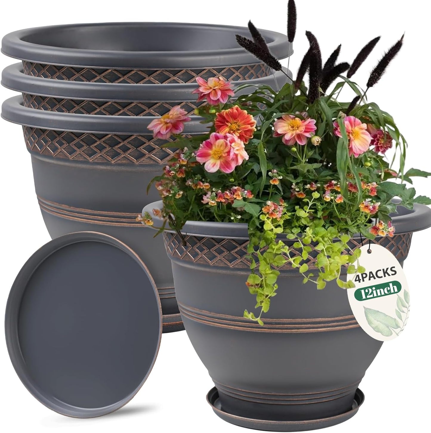 4 Pack 12 Inch Large Plant Pots, Plastic Flower Pot for Indoor & Outdoor with Drainage Holes &