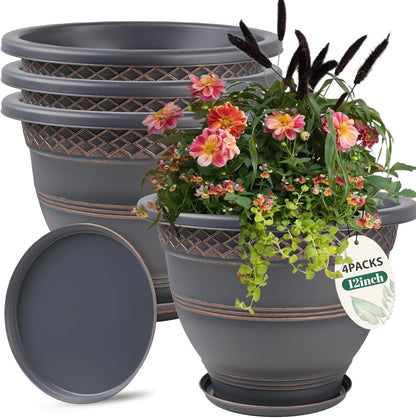 4 Pack 12 Inch Large Plant Pots, Plastic Flower Pot for Indoor & Outdoor with Drainage Holes &
