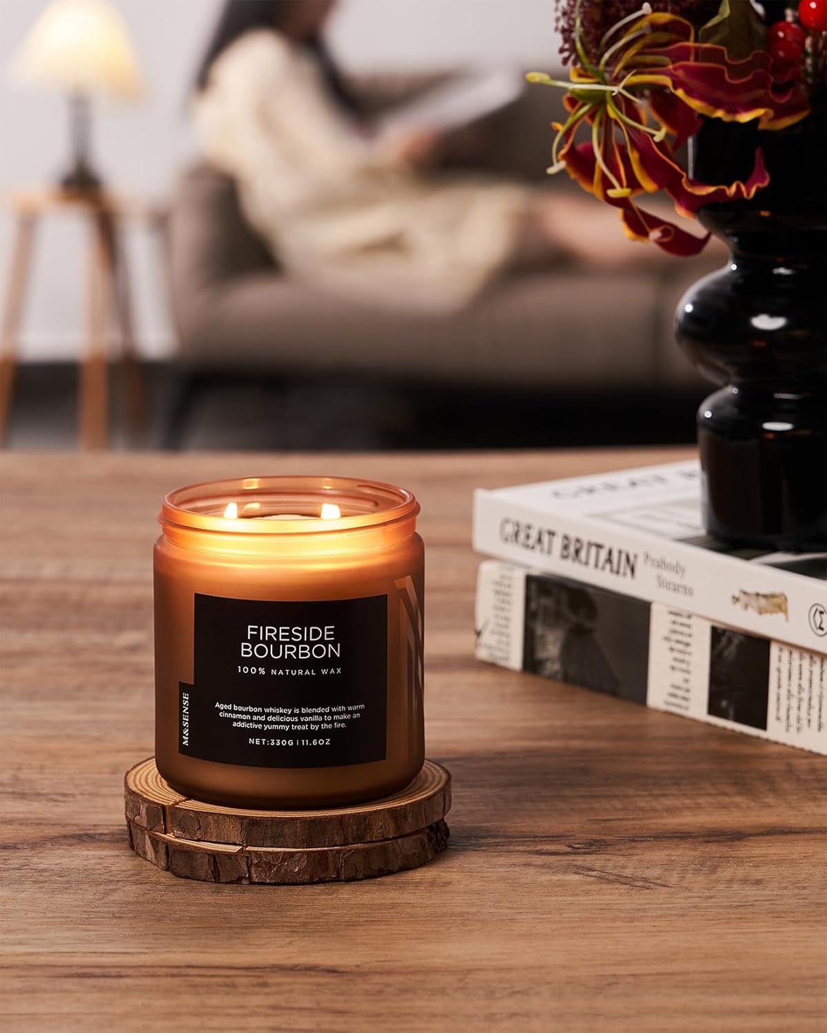 M&SENSE Fireside Bourbon Jar Candle, 11.6oz Clean Soy Wax Up to 70 Hours Burn Time Smoky Scent 2