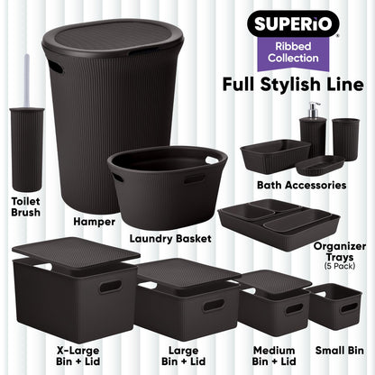 Superio Ribbed Collection - Decorative Plastic Basket Open Home Storage Bins Organizer, Large Brown