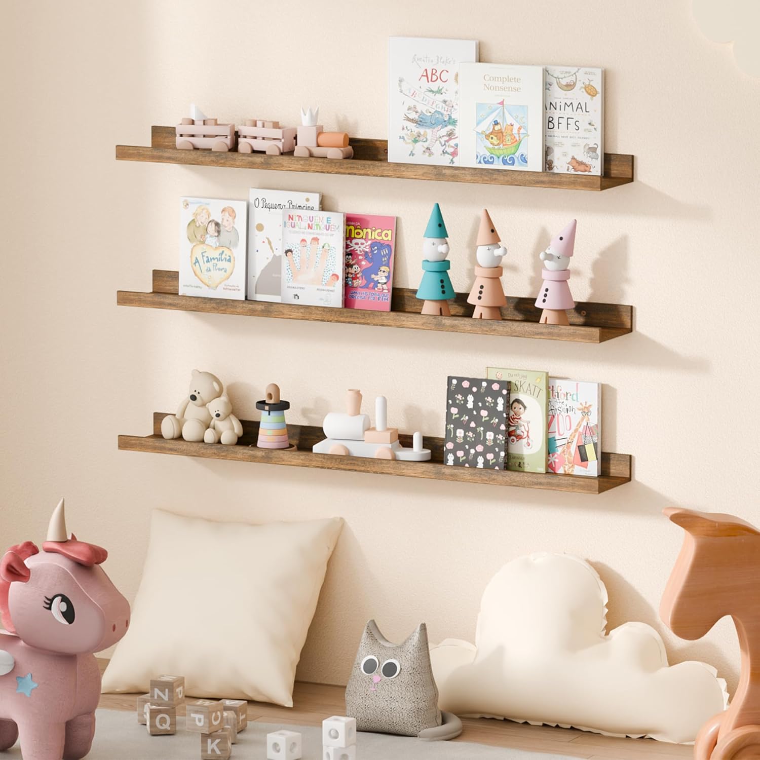 upsimples Floating Shelves for Wall, Wall Shelves for Decor Storage Set of 6, Wall Mounted Wood