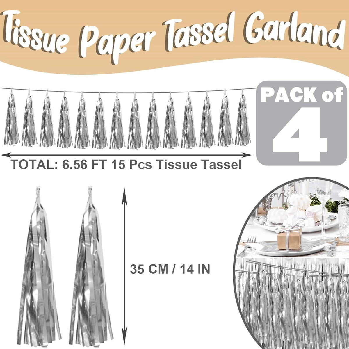4P Silver Foil Fringe Metallic Tassel Streamers Banner Tassel Garland for Parade Floats