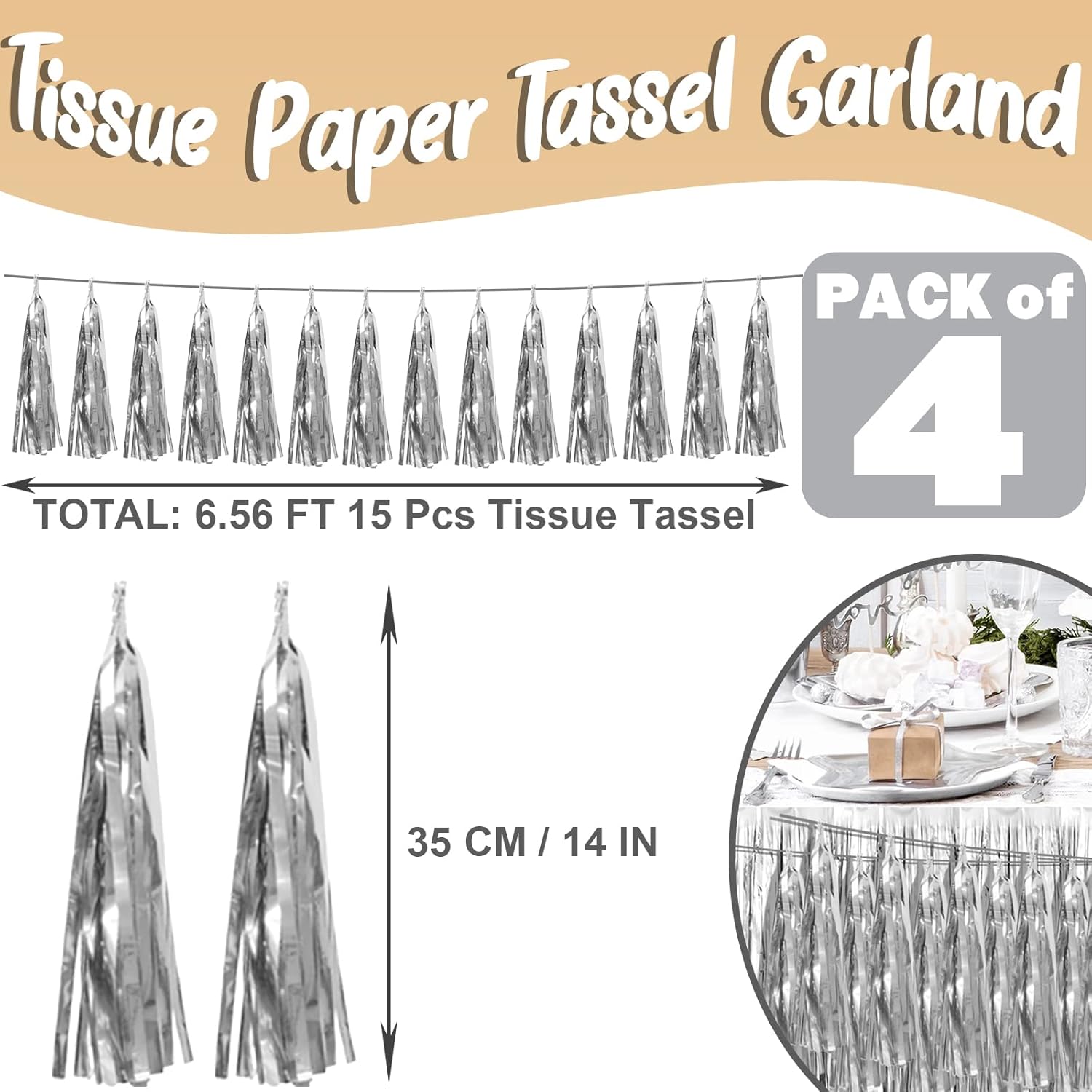 4P Silver Foil Fringe Metallic Tassel Streamers Banner Tassel Garland for Parade Floats