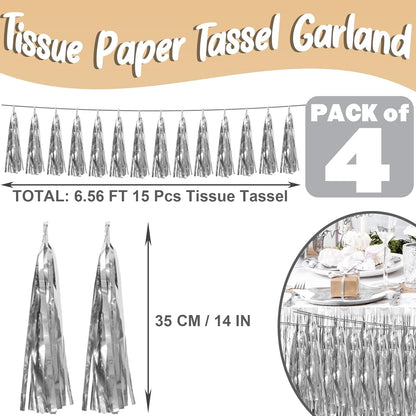 4P Silver Foil Fringe Metallic Tassel Streamers Banner Tassel Garland for Parade Floats