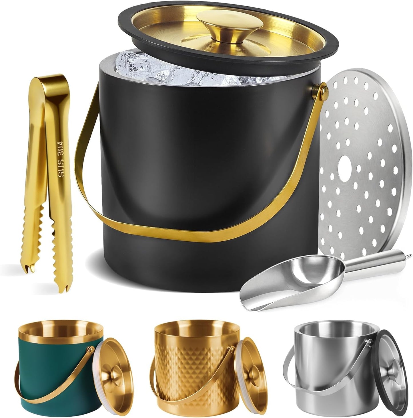 Ice Bucket, Ice Bucket with Silicone Sealing Ring Double-Wall Vacuum Insulation Champagne Buckets