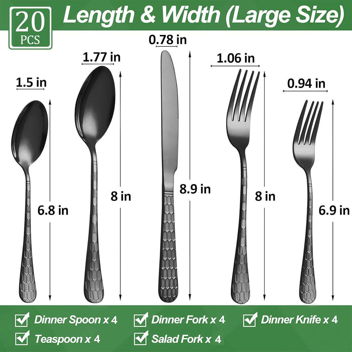 20 Pcs Black Silverware Set for 4 with Water Cube Handle design, Food Grade Stainless Steel