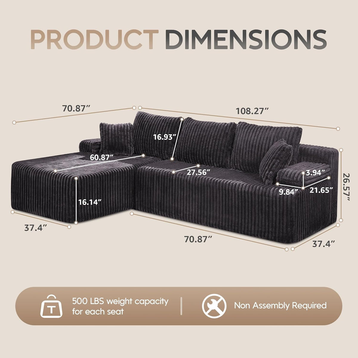 Hobestluk Modular Sectional Sofa Couches 108" L-Shape Couch 3 Seat Modular Sofa Memory Foam