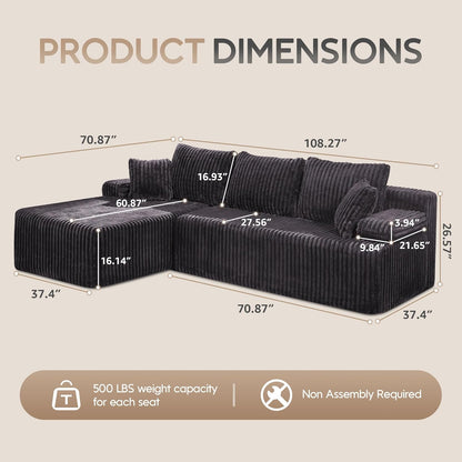 Hobestluk Modular Sectional Sofa Couches 108" L-Shape Couch 3 Seat Modular Sofa Memory Foam