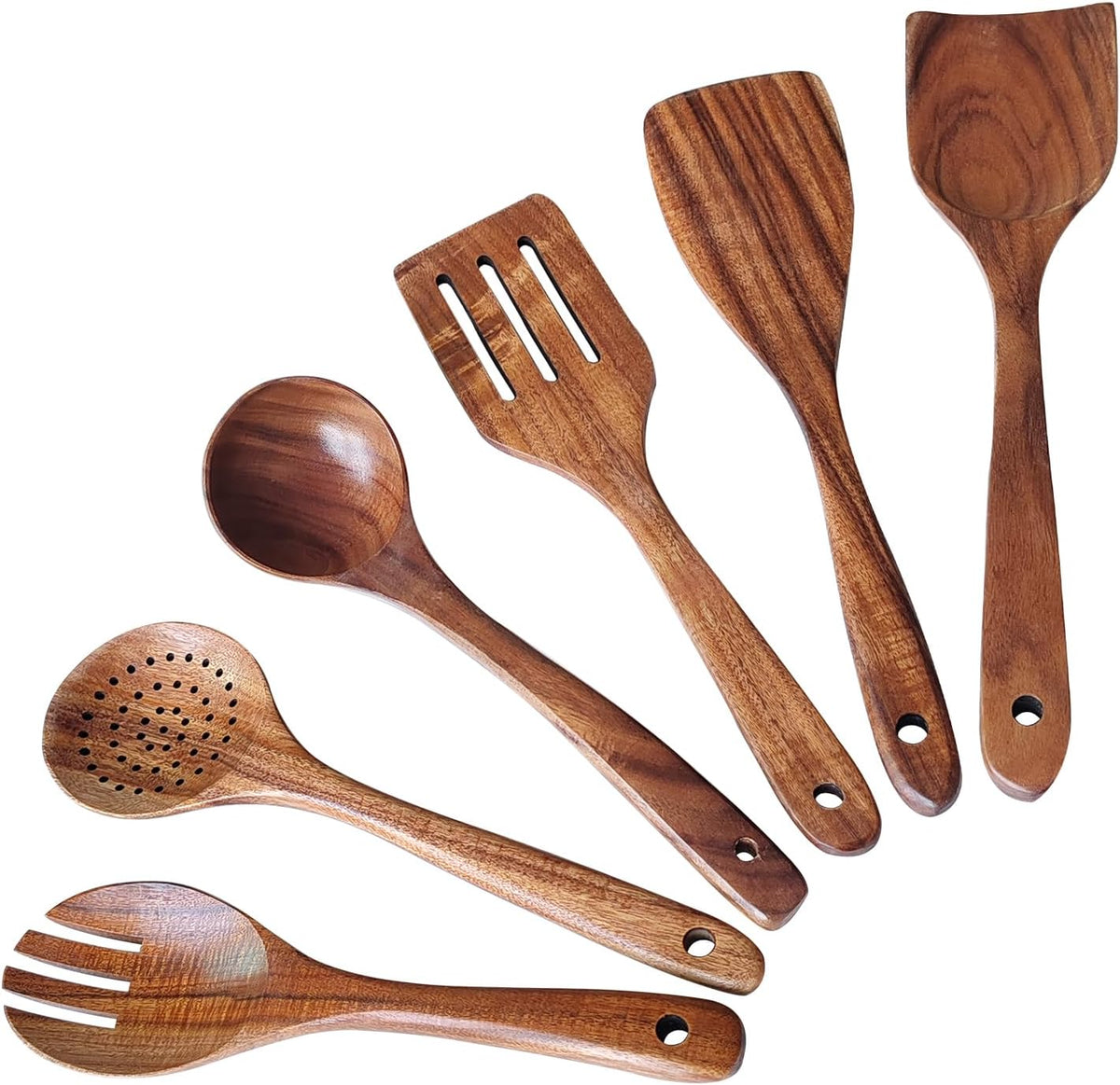 Wooden Spoons for Cooking 6 Piece, Natural Teak Kitchen Utensils Spatula, Smooth Finish Wooden