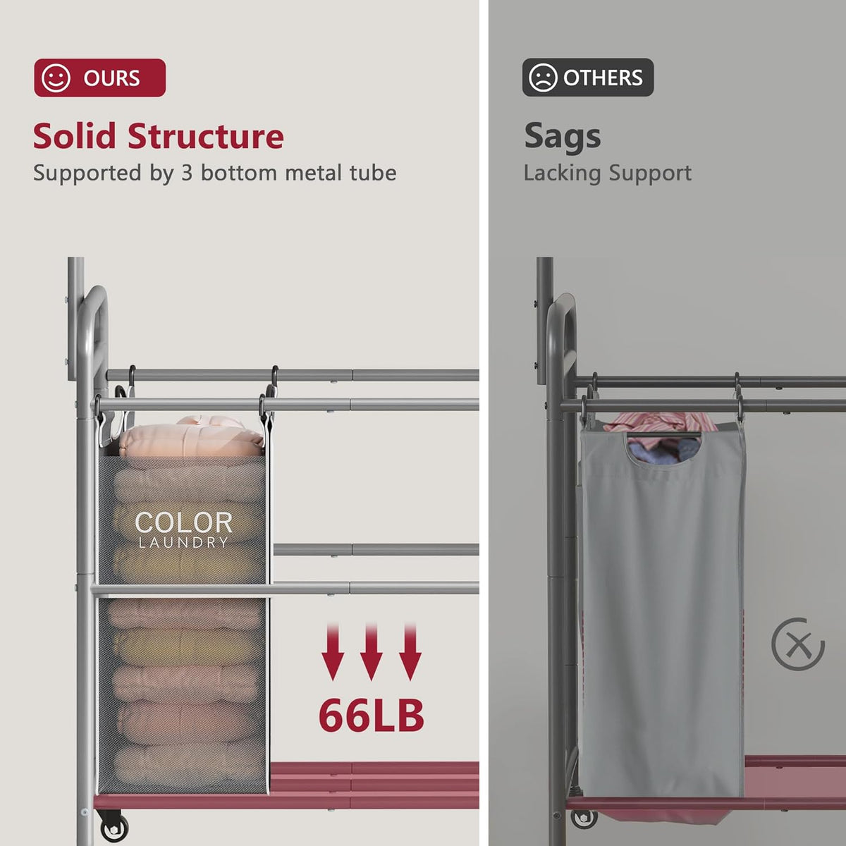 Tajsoon Laundry Sorter with Hanging Bar, 3 Section Rolling Laundry Hamper with Heavy Duty Lockable
