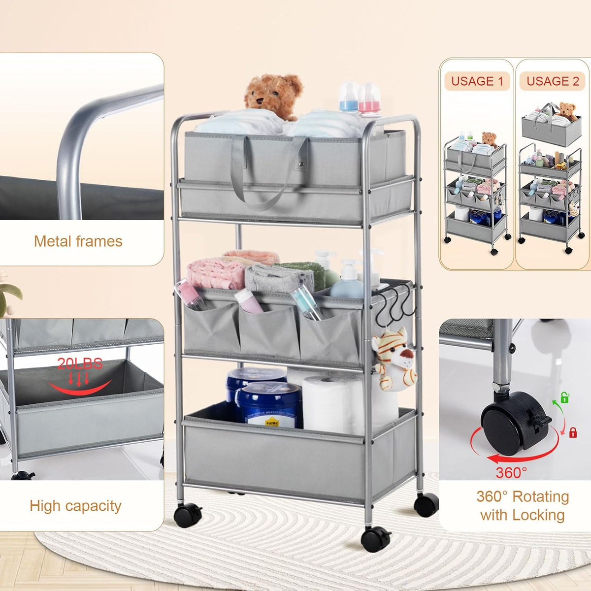 Honeydak 2in1 Baby Diaper Caddy Organizer Cart 3 Tier Large Capacity Metal Utility Bedside Rolling