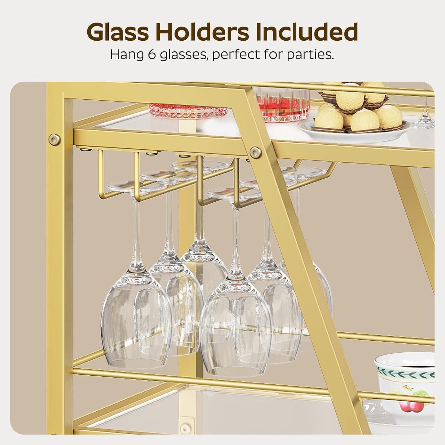 Bar Cart, 3-Tier Bar Cart for The Home, Home Bar Serving Cart with Glass Holders, Beverage Cart for