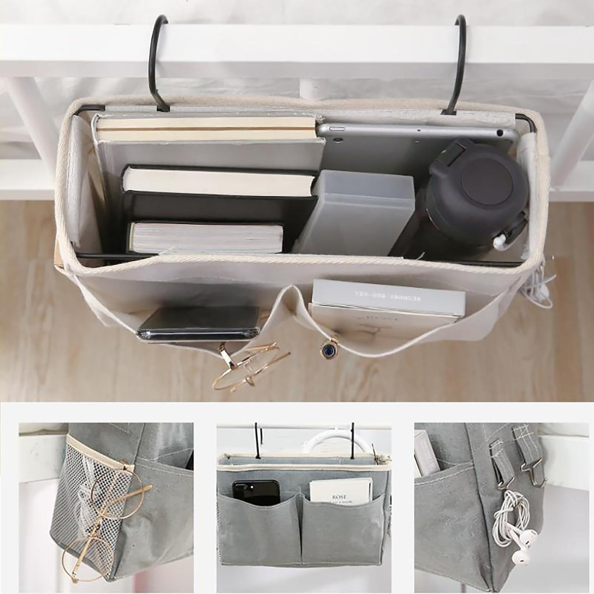 Bedside Caddy, Bedside Hanging Storage Organizer for College Dorm Bed, Bunk and Hospital Beds, Can