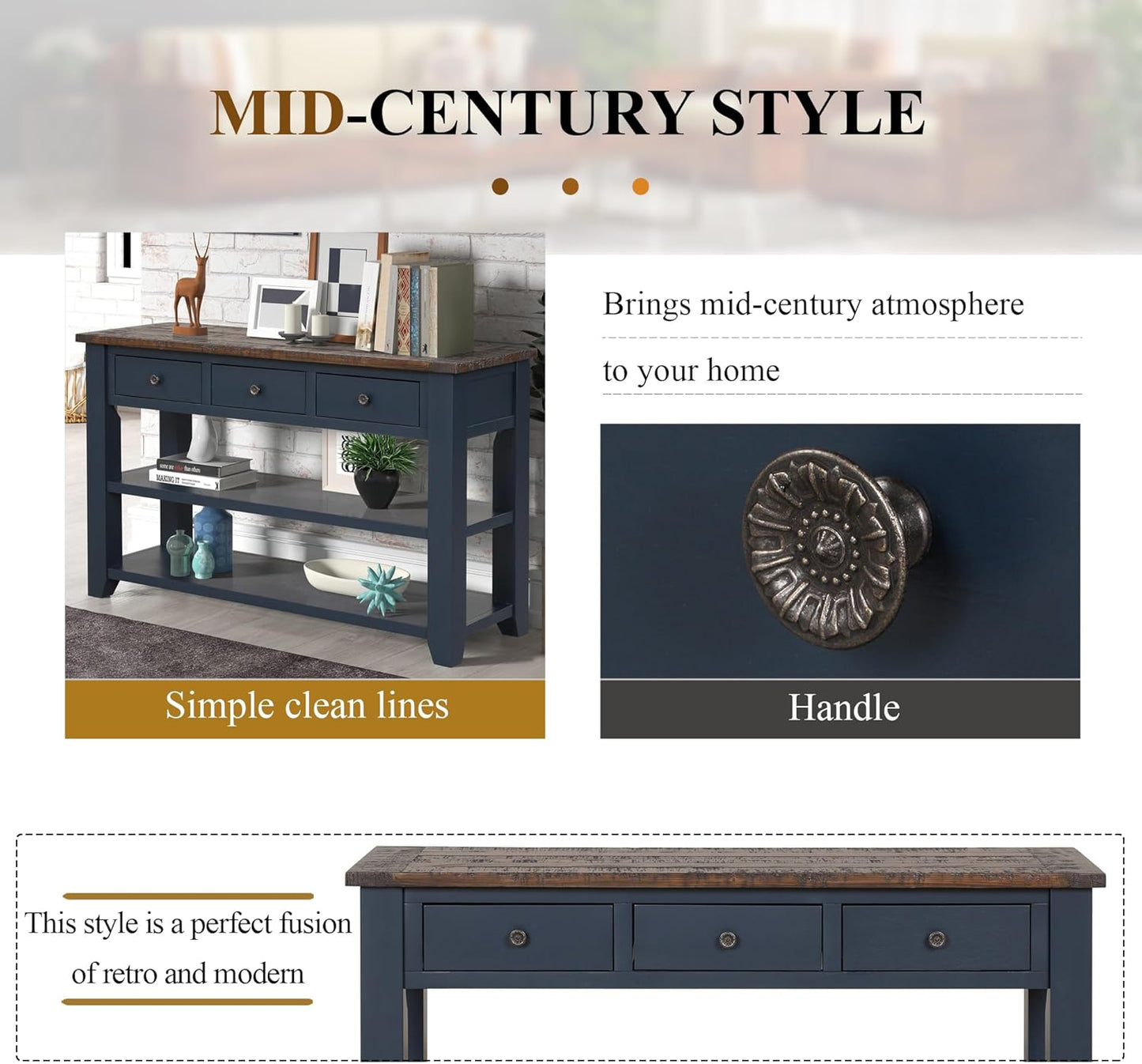 Solid Wood Console Table Sofa Table with Storage Drawers and Bottom Shelf Entryway Table for Entry