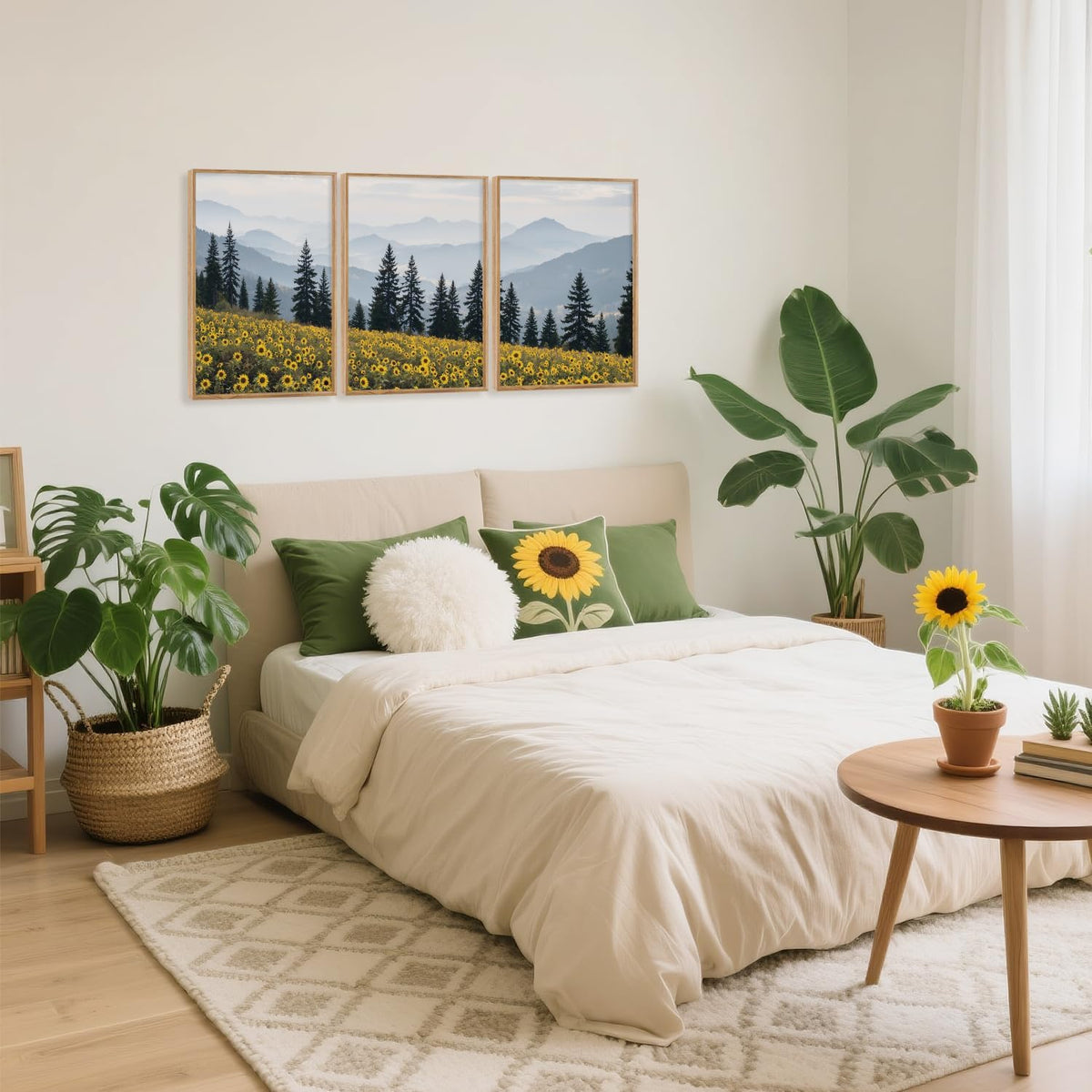 HPINUB Boho Sunflowers Landscape Framed Canvas Wall Art Set,Nature Pine Tree Wall Decor,Abstract