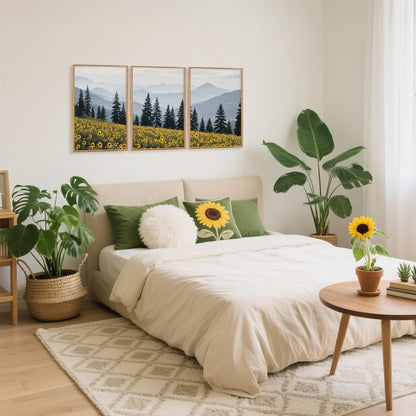 HPINUB Boho Sunflowers Landscape Framed Canvas Wall Art Set,Nature Pine Tree Wall Decor,Abstract