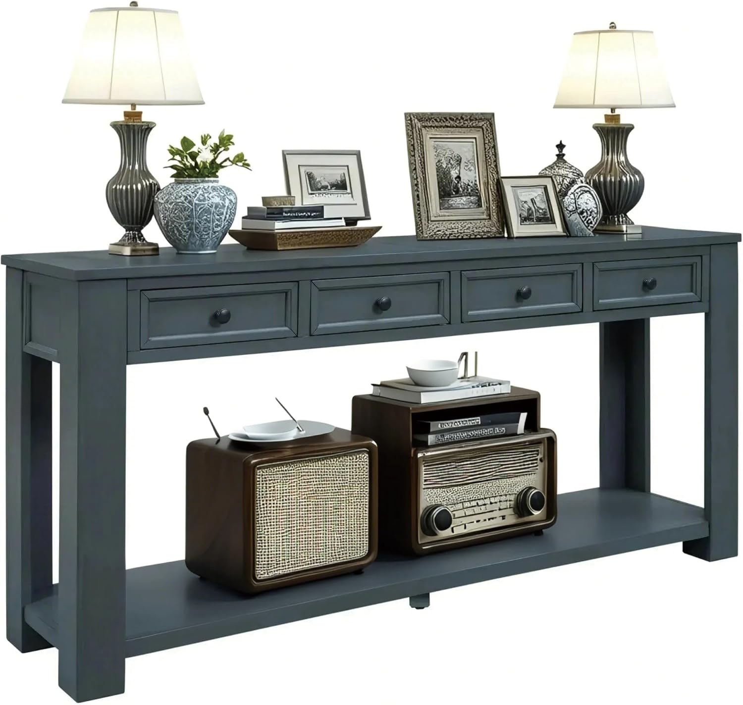 Solid Wood Console Table, Long Sofa Table Entryway Table with 4 Drawers and Bottom Shelf for