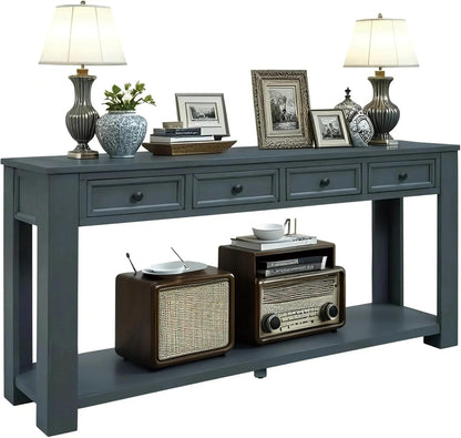 Solid Wood Console Table, Long Sofa Table Entryway Table with 4 Drawers and Bottom Shelf for
