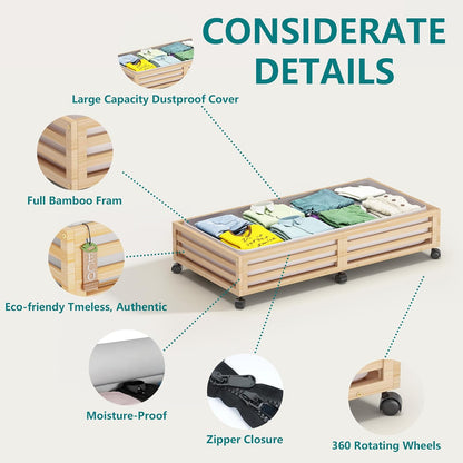 Bamboo Under Bed Storage Containers- Underbed Organizer with Wheels with Large Dust Bag,Sturdy Wood