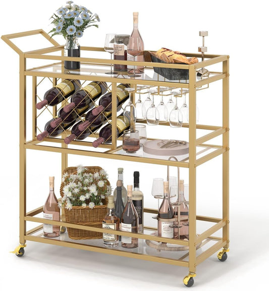 FATORRI Bar Cart Gold, Home Bar Serving Cart with Wine Rack and Glasses Holder, Wine Carts on