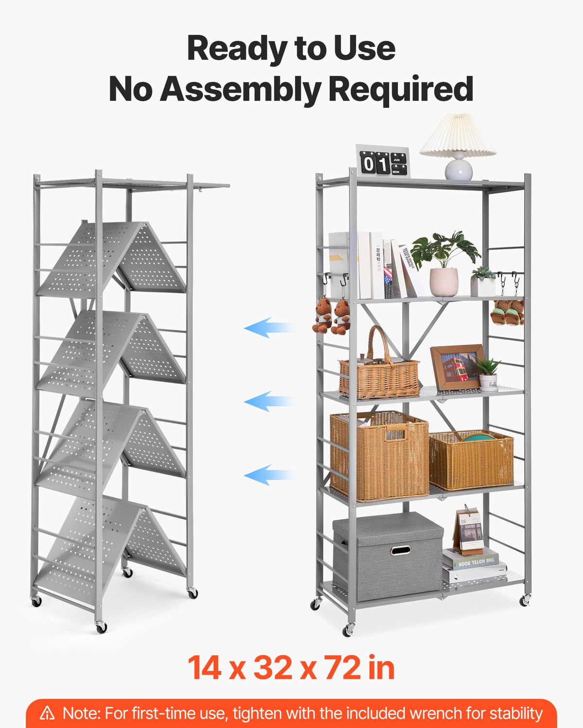VEVOR 5-Tier Foldable Storage Shelf, 32W x 14D x 72H Inch Folding Metal Rack Shelving Unit, Heavy