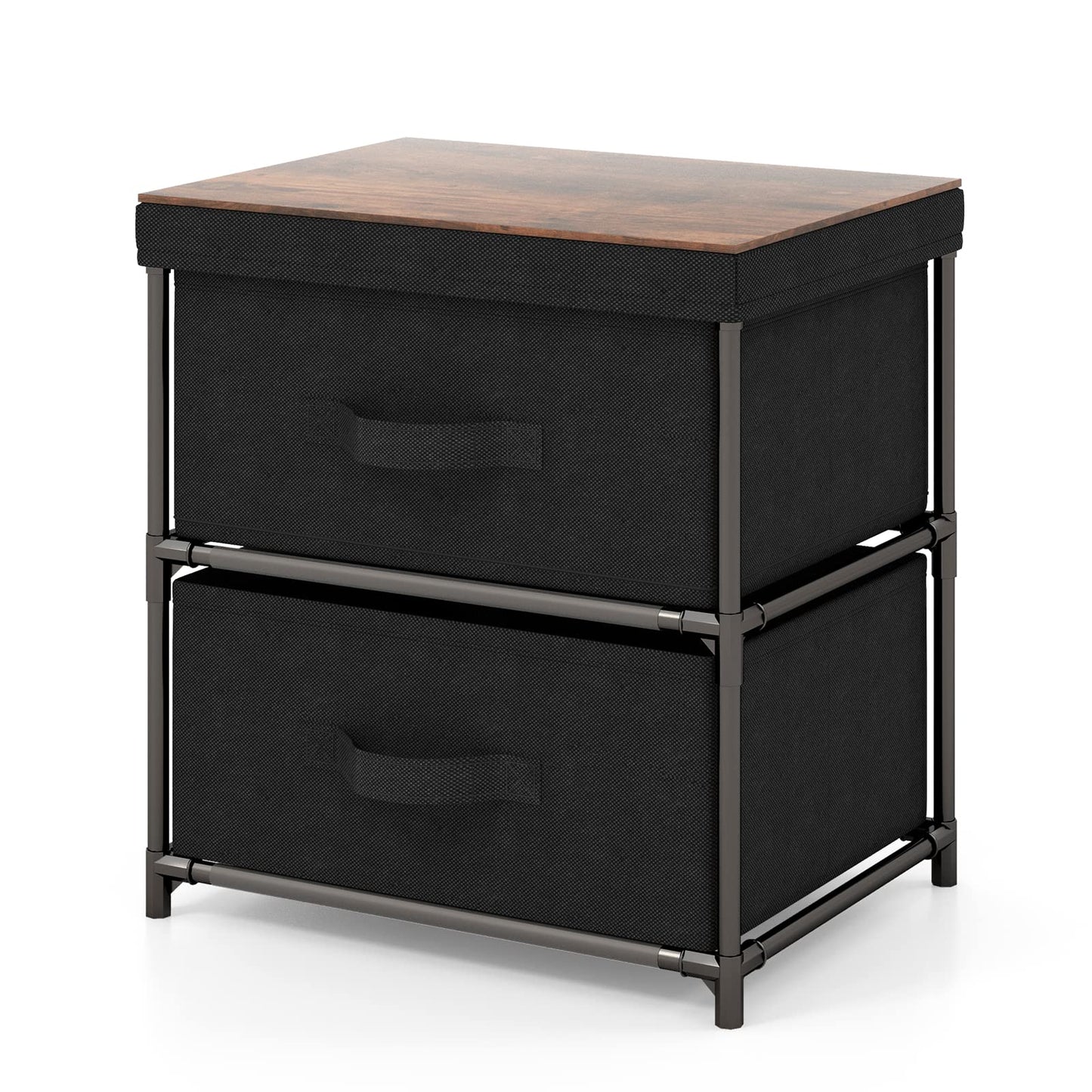 GIANTEX Nightstand with 2 Fabric Drawers, Small Storage Dresser with Metal Frame and Wood Top for