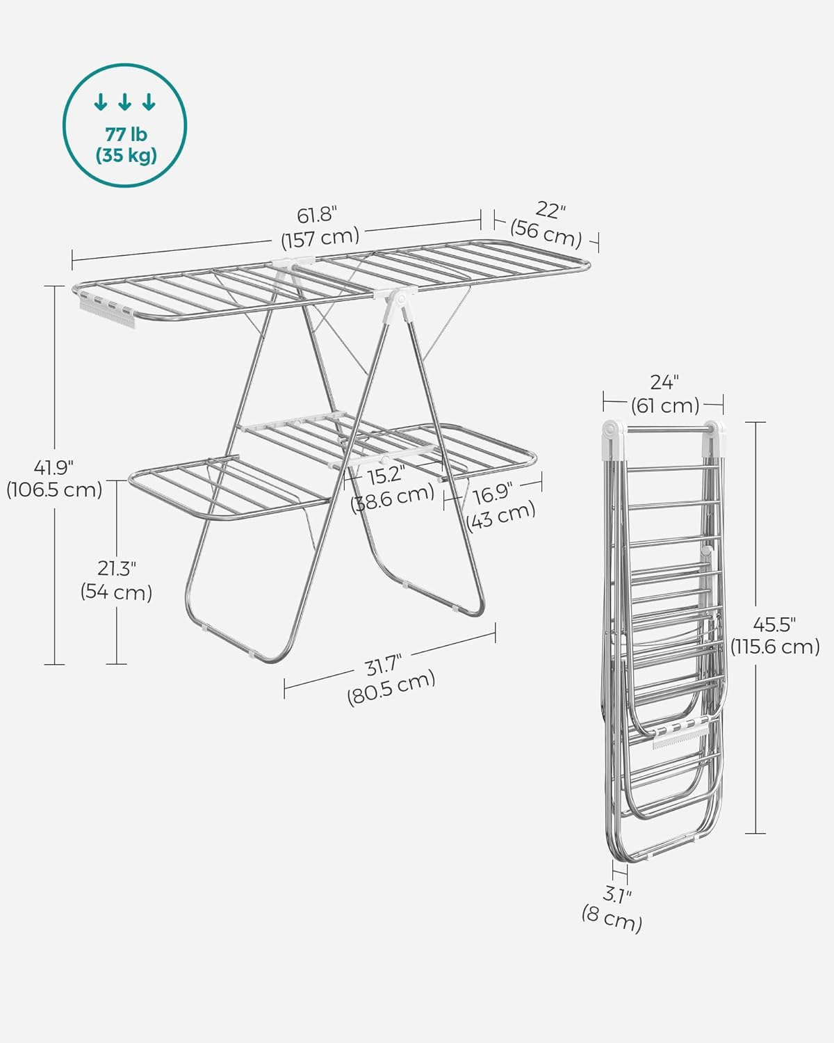 SONGMICS Clothes Drying Rack, Foldable 2-Level Laundry Drying Rack, Free-Standing Laundry Airer