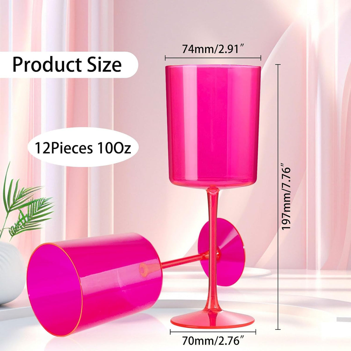 Ciaell 12 Pack Plastic Wine Glasses - 10Oz Hot Pink Plastic Wine Glasses With Stem - Disposable
