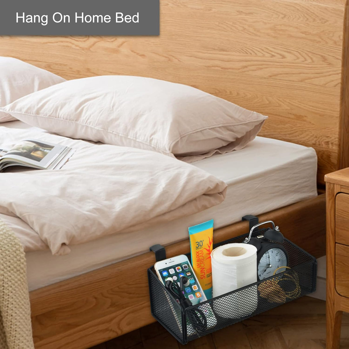 Bedside Caddy Hanging Storage Basket Beside Shelf Metal Organizer for Collage Dorm Bunk
