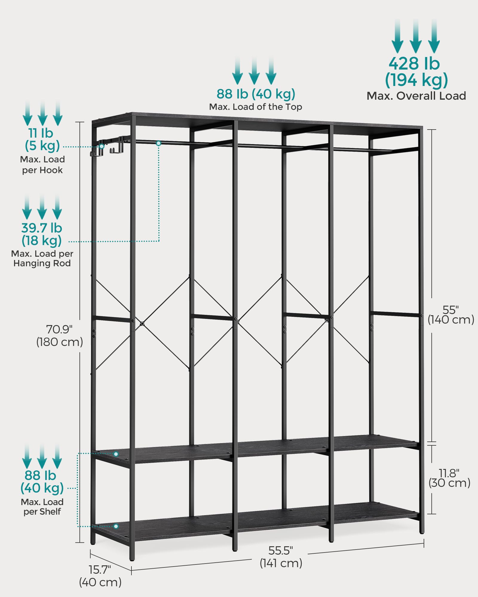 SONGMICS Clothes Rack, Iron and Wood Wardrobe Closet Organizer