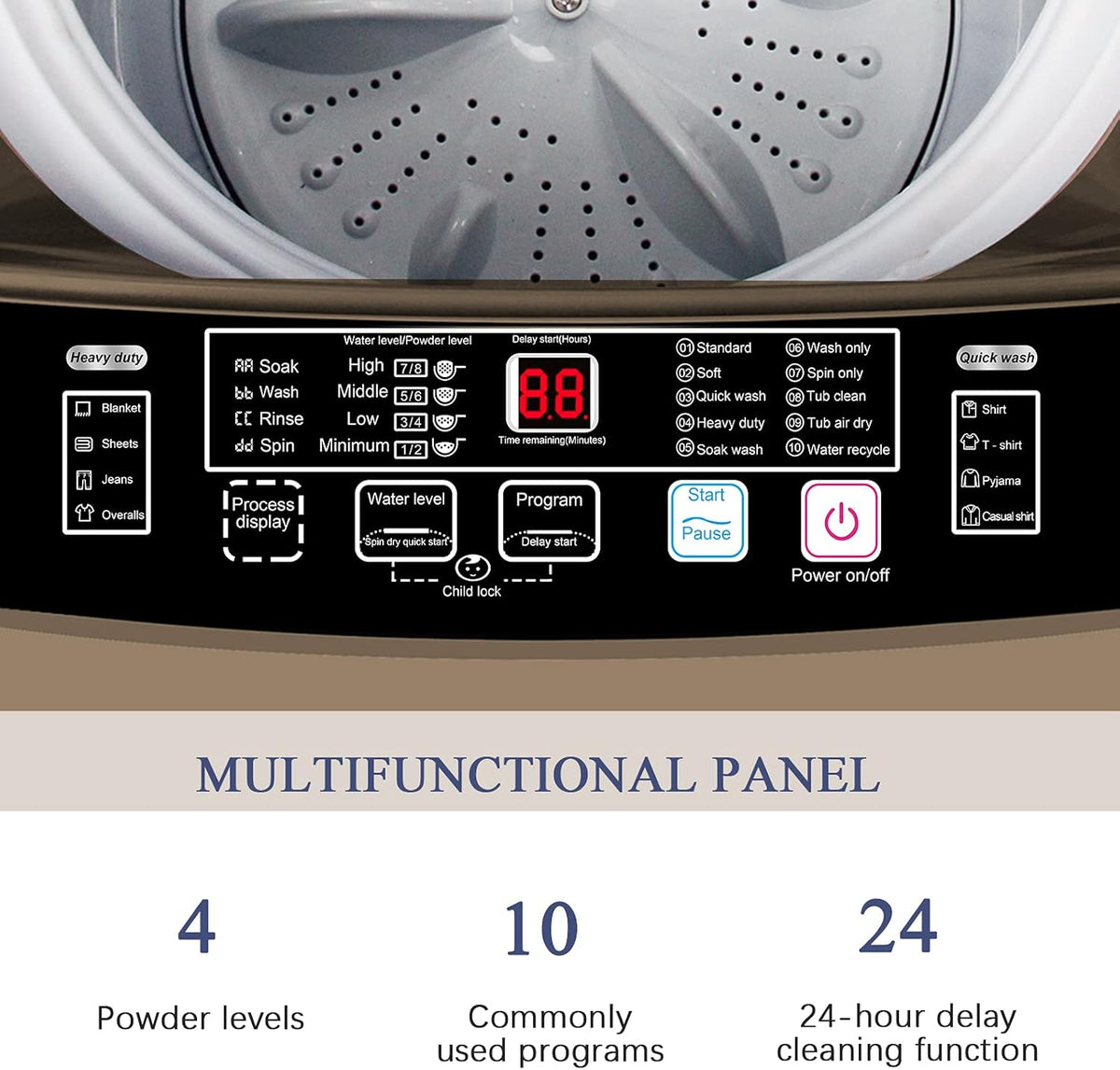 Full Automatic Washing Machine with LED Display, 17.7 lbs Portable Washer Drain Pump, 10 Programs &