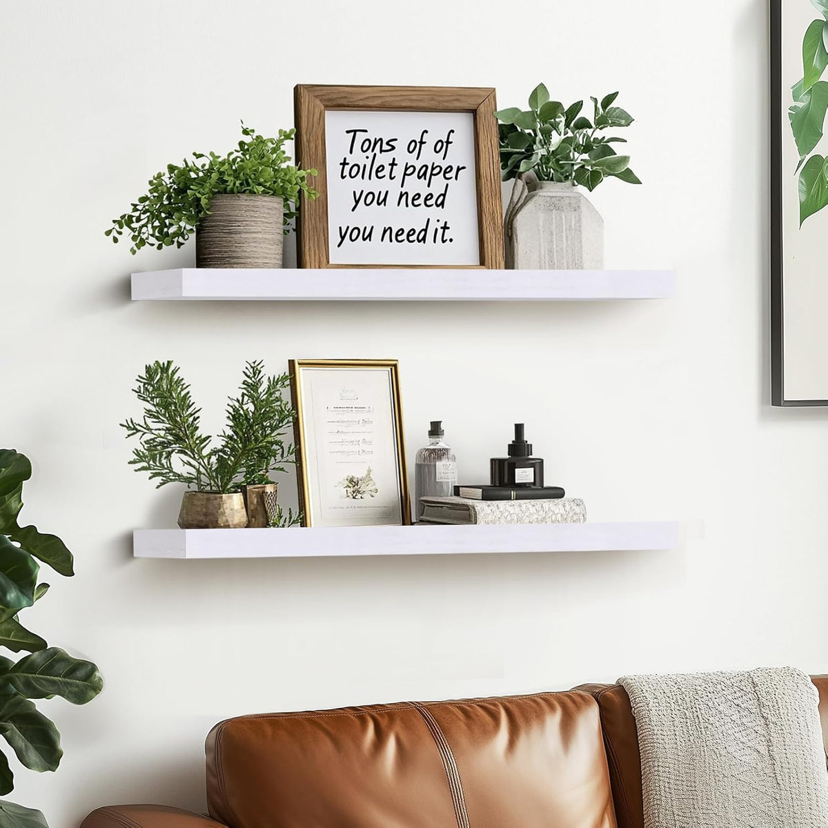 24"x6.8"x1.2" Solid Wood Floating Shelves 2-Pack - Rustic White Finish with Hidden Brackets