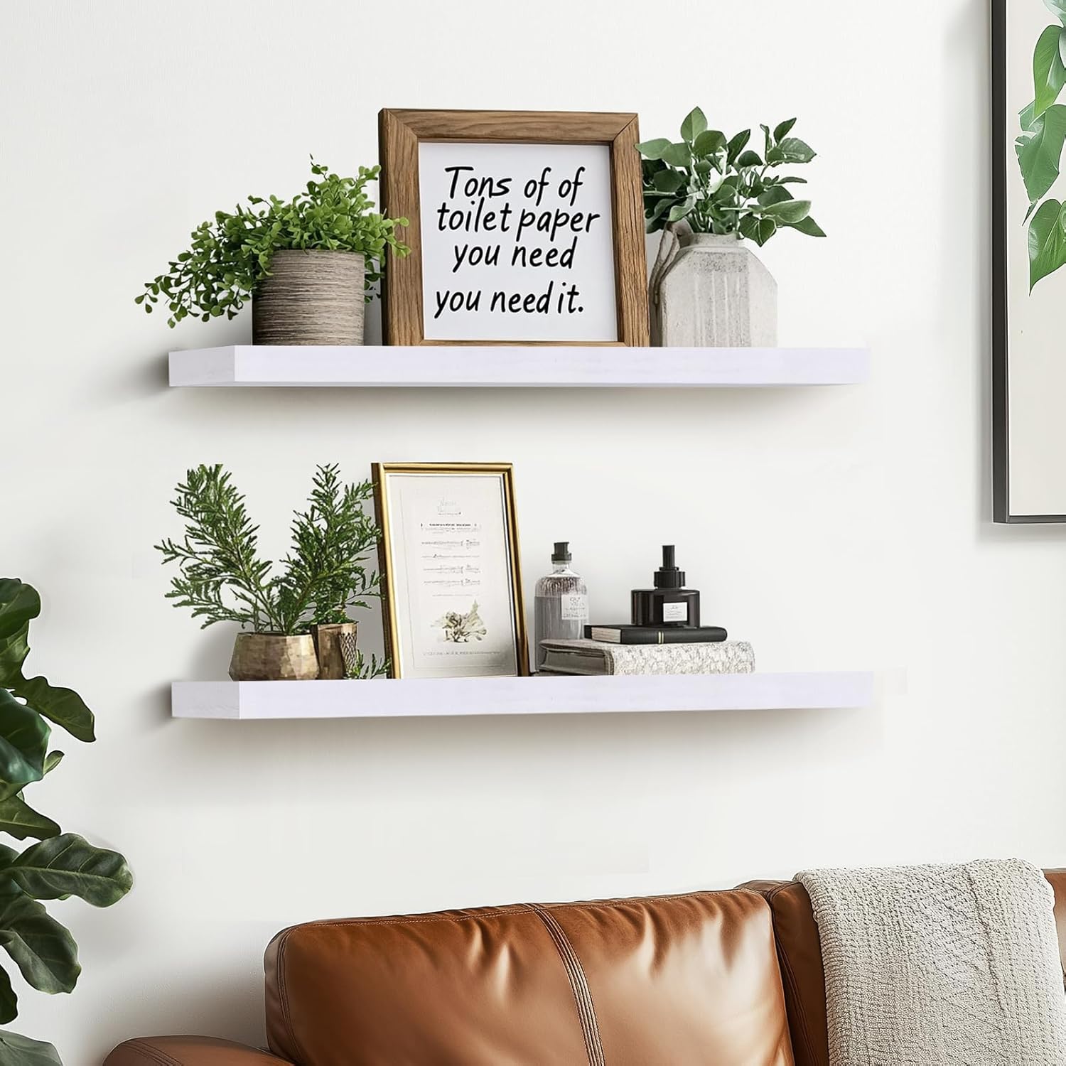 24"x6.8"x1.2" Solid Wood Floating Shelves 2-Pack - Rustic White Finish with Hidden Brackets