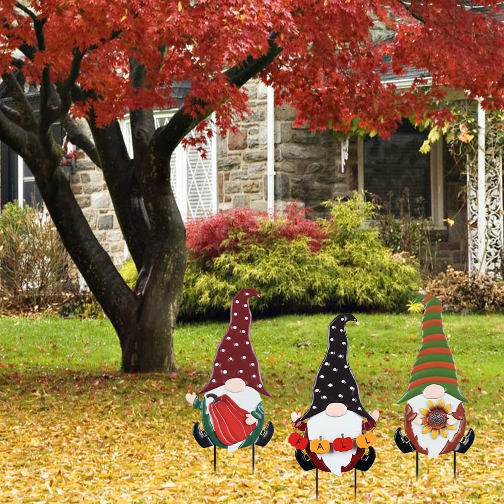 YEAHOME Fall Decorations for Home Outdoor, 3 Pack Gnomes Decorative Garden Stakes for Fall Decor