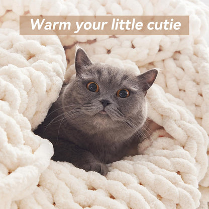 Chunky Knit Throw Blanket, 50''*60'' Knitted Throw Chenille Yarn for Bed Couch, Handmade Cream